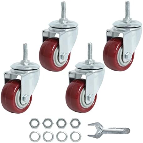 Finnhomy Swivel Caster Wheels 2 Inch Heavy Duty Threaded Stem Casters 1/4" - 20 x 1 Set of 4 for Wire Shelve Wheels PU Load Bearing 800 Lbs Anti-wear Smooth Casters, Red