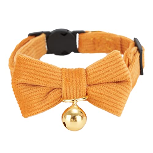 YUDOTE Ultra-soft Collar Natural Cotton Corduroy Made for Cats with Sensitive Skin,Lightweight Kitten Collars with Quick-release Buckle and Removeable Bow-tie,Orange Pack of 1