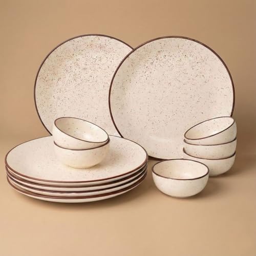 Image of Freakway Rustic Speckled Ceramic Dinner Set - 12 Pc (6 Plates, 6 Bowls) - Beige with Brown Rim