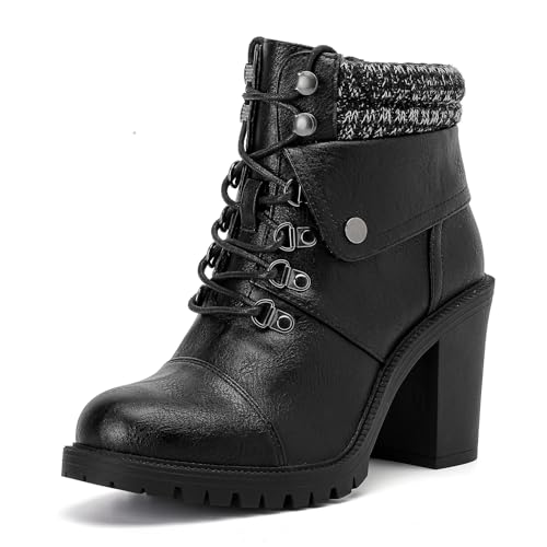 Luoika Women's Wide Width Combat Boots - Extra Wide Width High Heel Side Zipper Slouchy Ankle Boots Short Booties.