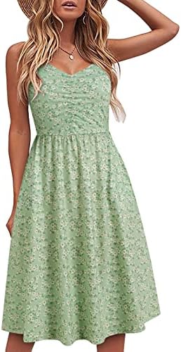 YATHON Casual Dresses for Women Sleeveless Cotton Summer Beach Dress A Line Spaghetti Strap Sundresses with Pockets(YT090-Green Floral 02,S)