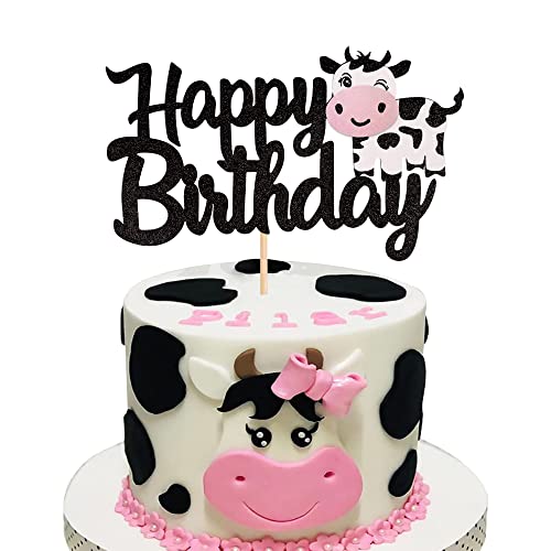 1 Pcs Cow Happy Birthday Cake Topper Glitter Farm Animals Birthday Cow Cake Pick Decorations For Cow Theme Baby Shower Kids Boys Girls 1St Birthday Party Cake Decorations Supplies #TOP27