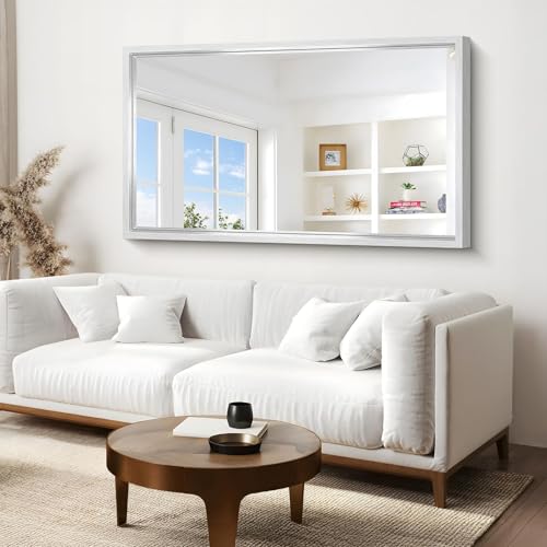 Image of 60x36 Inch Brushed Silver Bathroom Mirror, Large Rectangular Mirror for Wall, 0.6 inch Thickened Deep Frame Mirrors for Bathroom Sink, Shatterproof Tempered Glass, Antirust, Horizontally /Vertically
