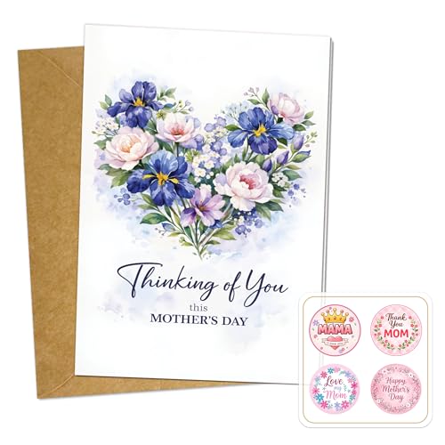 Podagree Thinking of You Mother's Day Card, Elegant Floral Heart Design, Beautiful Watercolor Flowers, Perfect for Expressing Love and Appreciation to Mom