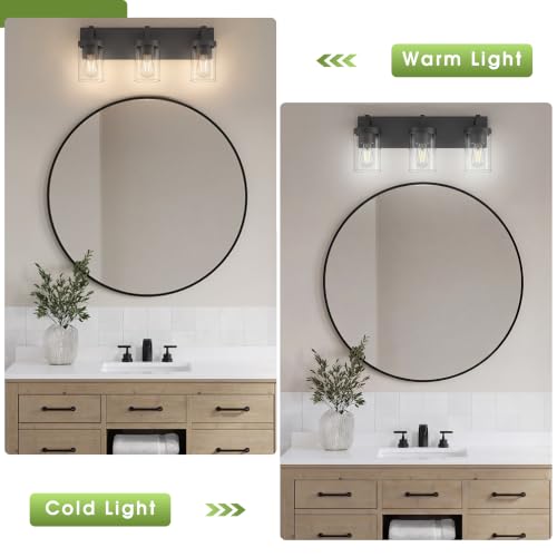 Image of Bathroom Vanity Light, 3 Light Matte Black Vanity Lights with Clear Glass Shade, 22in Modern Wall Sconces, Bathroom Lighting Fixtures Over Mirror
