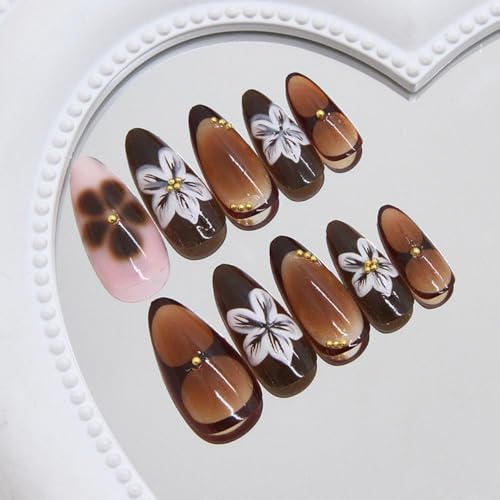 Image of Brown Press on Nails Flower Fake Nails with Leopard print Design French Tip Glue on Nails Medium Almond False Nails Glossy Full Cover Acrylic Ombre Stick on Nails for Women Manicure 24Pcs