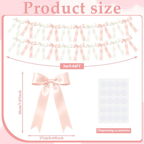 Image of NatNarr 2 Pcs White and Pink Bow Garland, Satin Ribbon Valentines Day Decorations Pre-Strung Bow Garland Party Banner for Wedding Birthday Baby Bridal Shower