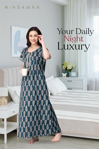 Image of NIHSAMAH Cotton Nighty for Women with Pocket, Premium Printed Long Nighty | Comfortable & Fancy Sleepwear /Nightwear