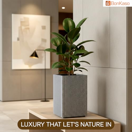 Image of BonKaso 18 Inch Rolex Tower Planter for Indoor & Outdoor Use | Tall Square Heavy Duty Polymer Flower Pot | Weather Resistant Modern Planter for Living Room, Balcony, Terrace & Office Decor(Light Gey)