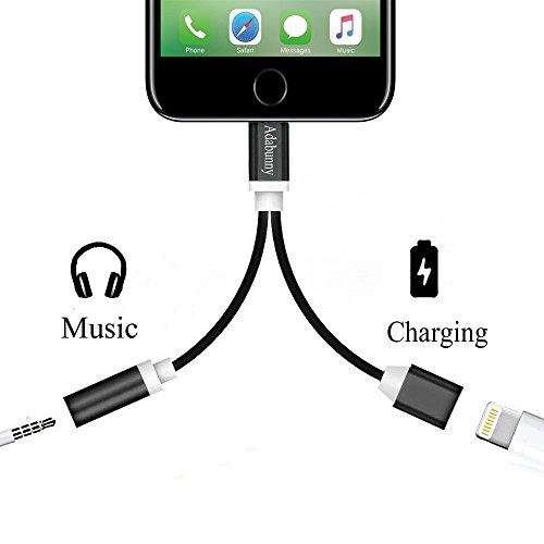 2 in 1 Lightning to 3.5mm Audio Adapter, ADABUNNY Lightning Charger, Lightning to 3.5mm Aux Headphone Jack Adapter for iPhone 7/7 Plus (Black)