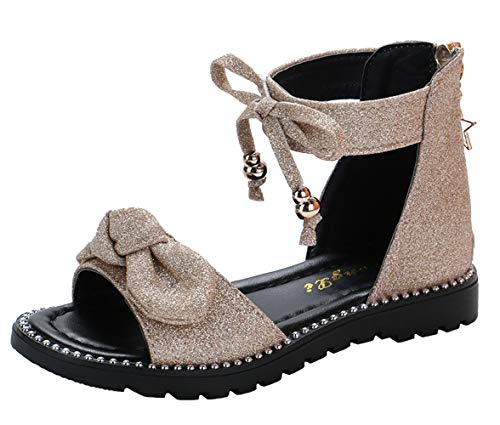 Girls’ Sweet Bows Ankle Strap Back Zipper Roman Sandals Flats Gold Size 13.5M