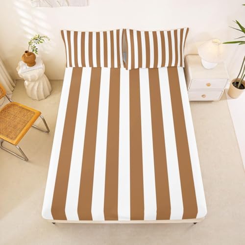 Latwerio Sábana Bajera 105x200 Infantil Marrones Blancas 3D Sabanas, Rayas Verticales de Microfibra SuaveFunda de Colchón Sábana con Elástico y Bolsillo Profundo 30 cm, Sabanas Cama 105, T829