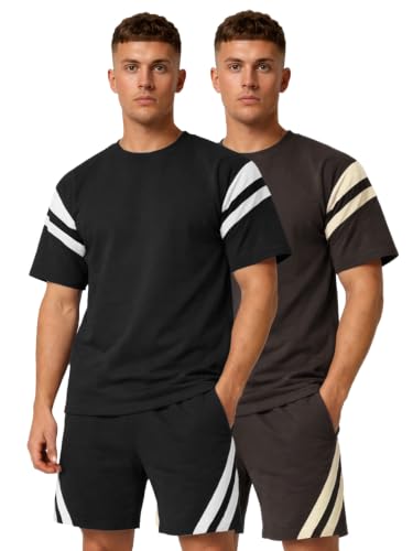 Image of CHKOKKO Men's Co-Ord Set Premium Cotton Blend Oversized T-Shirt & Shorts Cord Set with Side Pockets Round Neck Half Sleeves Solid with Contrasting Stripes Summer or Casual Wear