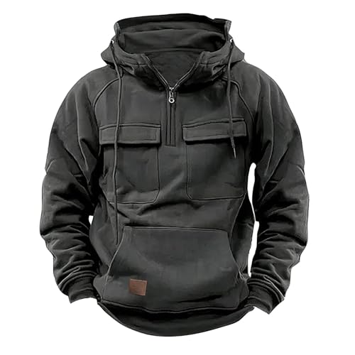 1/4 Zip Pullover Mens Hoodies Workwear Solid Color Casual Sweatshirt Heavyweight Fleece Lined Cargo Hooded Sweatshirt2