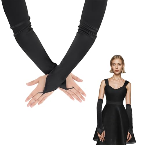 Long Opera Party 20s Satin Gloves, Stretchy Elbow Length Glove Plus Size Fingerless Glove Women's Costume Sheer Black Long Gloves for Women Girls Bridal Wedding Opera 1920s Party Accessories