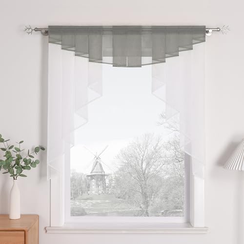 HongYa transparenter Voile Scheibengardine Tunnelzug Kurzstore Küche Kleinfenster Gardine H/B 125/120 cm Grau
