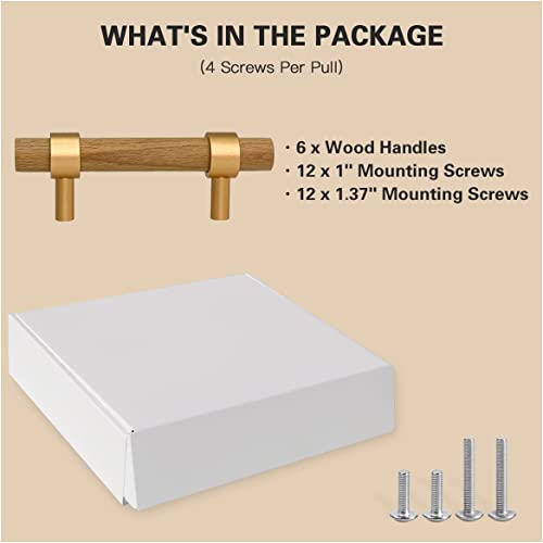 Jililil 6 Pack Wooden Drawer Pulls, Beech Wood Drawer Handles 3 Inch Hole Center Wood Hardware For Cabinets Dressers With Screw, Perfect Replacement Old Handles,Rose Gold #TOP5