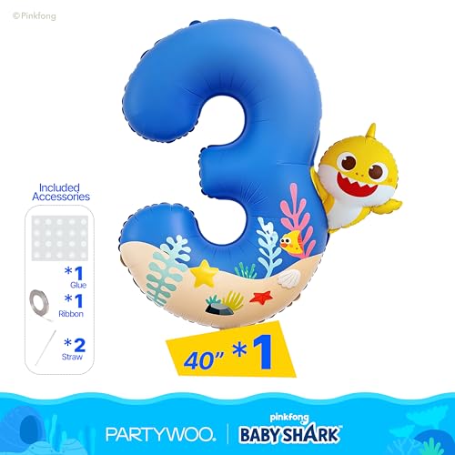 Image of PartyWoo Baby Shark Blue Foil Number 3 Balloon 40 Inch Blue Mylar Helium Birthday Number Balloons for Boys and Girls Baby Shark Under the Sea Ocean Theme Kids Third Birthday Party Decorations