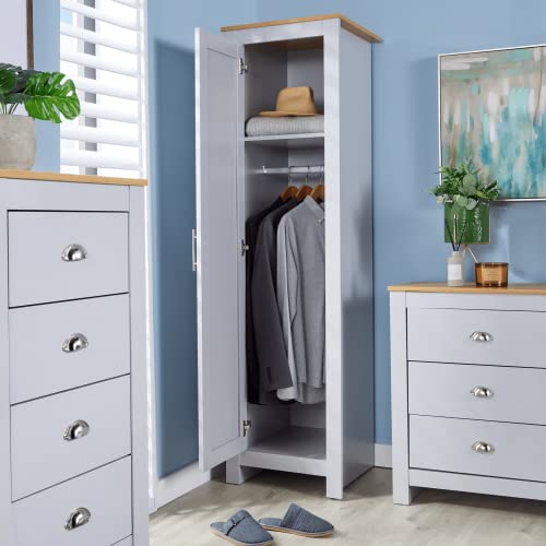 Home Source Bedroom Furniture, 1 Door Slim Wardrobe, Oak Effect Top, Grey - Image 4