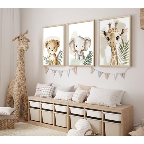 Nursery Animal Wall Art Decor Baby Boy Kids Room Pictures Safari Jungle Nursery Canvas Wall Decor Toddler Woodland Animals Prints Cute Giraffe Poster Artwork for Bedroom 16x24x3 Inch Wood Framed by Lhoiplme - Used condition - Image 3