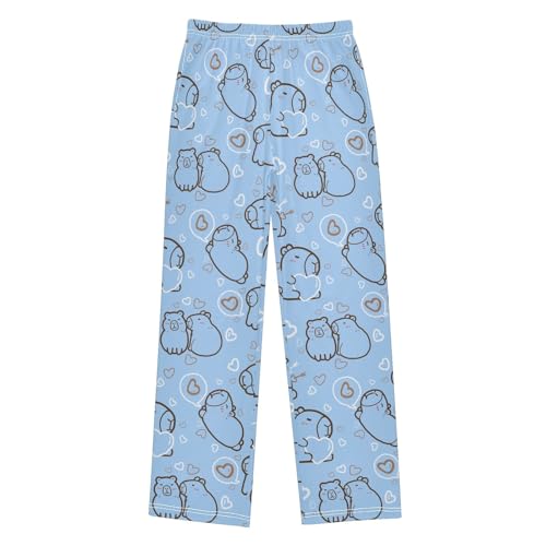 Cute Capybara with Hearts Blue Cute Pajama Pants, Soft Sleepwear Lounge Pants Pajama Pj Bottoms for 6-14 Years