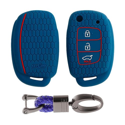 Image of keyzone Keycare Compatible Silicone Key Cover for Venue, Aura, Elite i20, Active i20, Xcent 3 Button flip Key (Blue with Alloy Key Holder Blue)