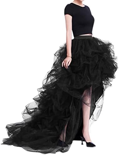WDPL Women's Long High Low Ruffles Party Tulle Skirt (Black, X-Large)