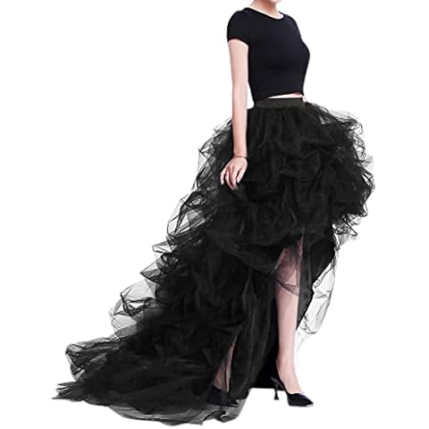 WDPL Women's Long High Low Ruffles Party Tulle Skirt (Black, X-Large) Cover