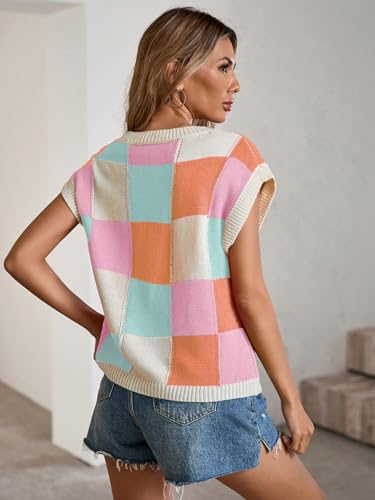 Women's Knit Crop Top - Checkered Cute Sweater, Cap Sleeve, Crew Neck | Trendy Casual Short Sleeve3