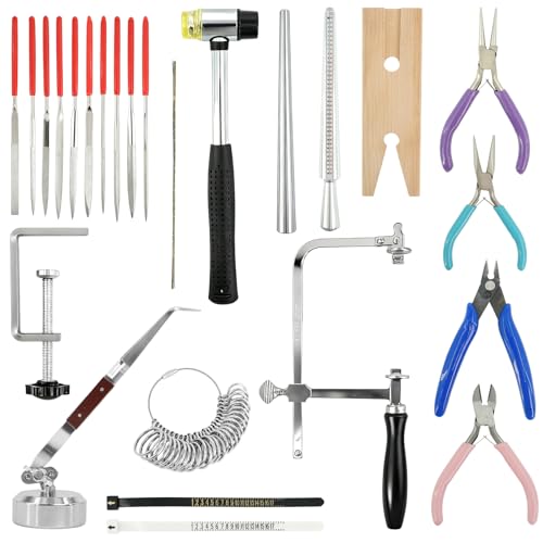 UCEHIPAW Jewelers Tools Set with Ring Sizer Mandrel Measuring Tool 144 Blades Saw Frame Third Hand Tweezers Multipurpose Needle File Wooden Ring Clamp Mallet Hammer for Jewelry Making and Repair