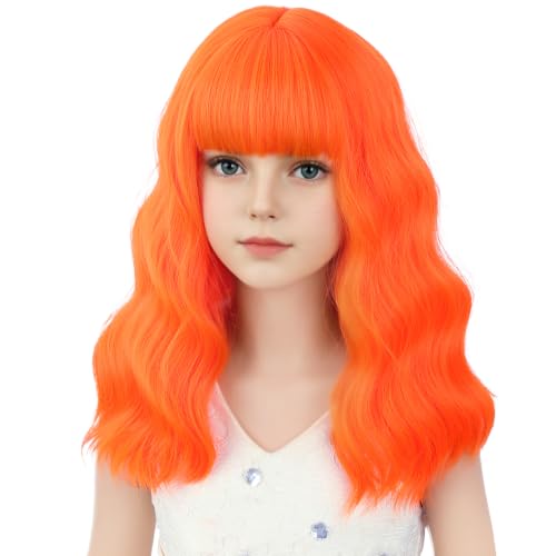 Image of Orange Wig Short Orange Wavy Curly Wigs Wig with Air Bangs Synthetic Cosplay Hair Wigs