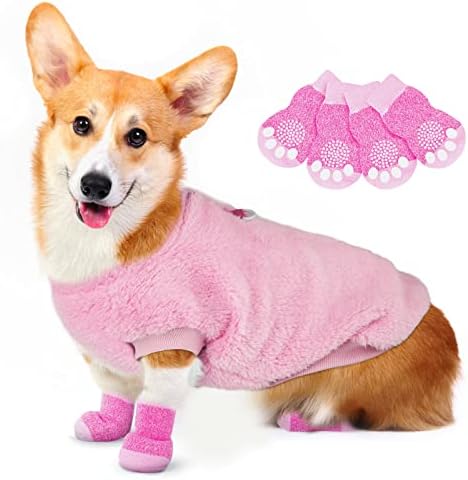 VSSHE Dog Sweater, Fashion Pet Winter Clothes + Socks Set, Soft Warm Dog Cat Jumper, Fleece Chihuahua Sweatshirt Pet Paw Protector, Pet Winter Supplies for Puppy Small Medium Large Dogs(Blue,M)