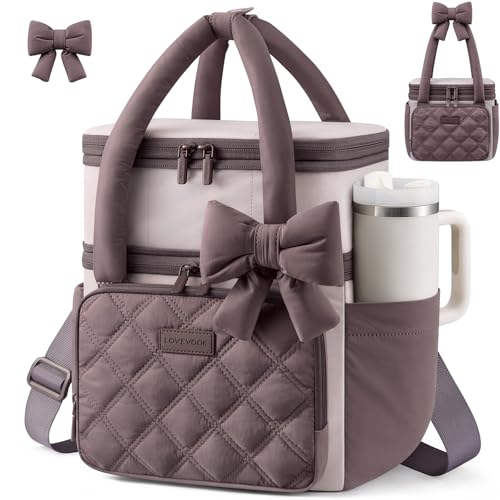 LOVEVOOK Insulated Lunch Bag Women,Expandable Double Deck Adult Lunch Box Women with Cup Holder,Bow Quilted Puffer Lunch Tote,Large Leakproof Collapsible Cooler Bag for Work College Picnic Meal Prep