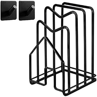 Hikinlichi Chopping Board Holder w 2 Adhesive Hooks Kitchen Countertop Cutting Board Rack Organizer Stand Holder Pots Pan Lids Rack 12.5 x 14.5 x 21.5cm Black