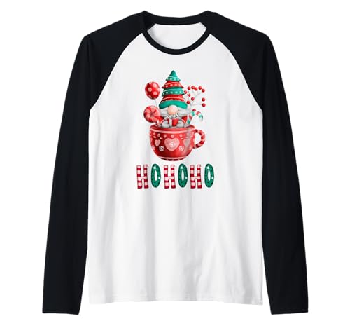 Gráfico Festivo de gnomo navideño Ho-Ho-Ho Camiseta Manga Raglan