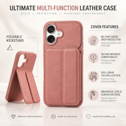 Image of amazon basics Luxury Vegan Leather Back Cover for iPhone 16 | Built-in Card Holder Slot | Integrated Mobile Stand | Slim Shockproof Protective Case with Stitched Finish - Pink