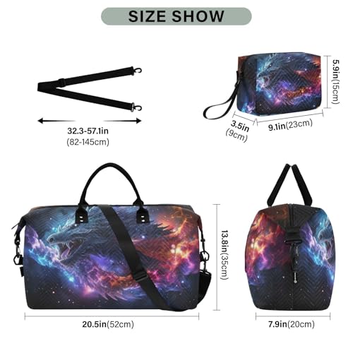 Dragon Galaxy Black Large Travel Duffel Bag, Sports Tote Gym Bag, Shoulder Weekender Overnight Bag for Women Men, Carry On Luggage with Toiletry Bags3