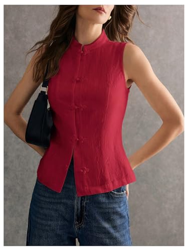 SHENHE Women's Linen Shirt Chinese Frog Button Stand Collar Tank Sleeveless Going Out Tops4