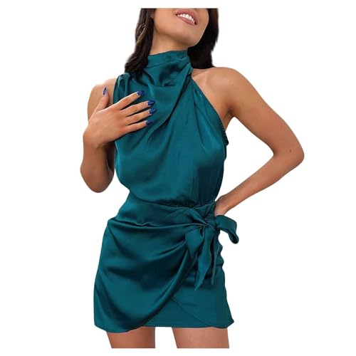 FUPODD Kleider Damen Sommer Satin Kurz Abendkleider Elegant Für Hochzeit Kleid Party Minikleid Cocktailkleid Neckholder Sommerkleid Frauen Leicht...
