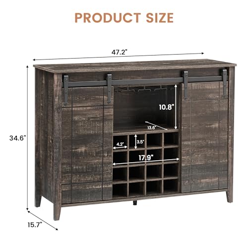 Image of Farmhouse Sideboard Buffet Cabinet with Sliding Barn Doors, Coffee Bar Cabinet with Adjustable Shelves, 16-Bottle Wine Storage & Glass Holder for Dining Room, Living Room,Dark Oak