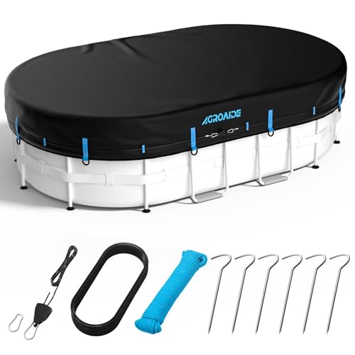 AGROAIDE 10x16 Ft Oval Pool Cover 3-in-1 Super Windproof System Upgraded Seamless Side Design with Fast Ratchet Tie Downs - All Season Use Tear Resistant UV & Dust Proof