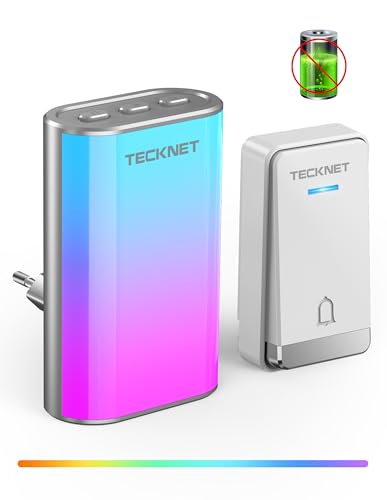 TECKNET Türklingel Batterielose, Steckdosen-Funkklingel mit EU-Steckdose und RGB Licht, IP65 Wasserdicht Funk Türklingel, Kabellose Türklingel, Klingel Haustür mit 60 Melodien 5 Lautstärkestufen, 400m