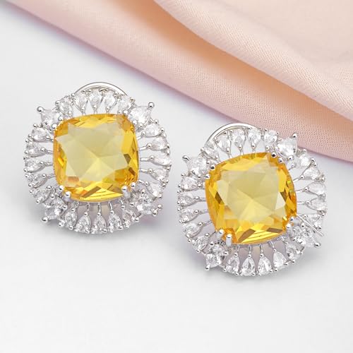 Rhodium-Plated Stud Earrings with American Diamond Studding