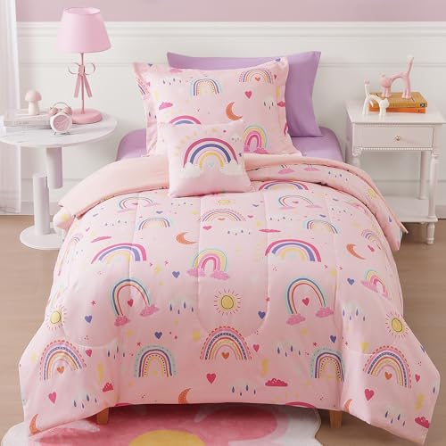 Kaleido Space Glow in The Dark Twin Size Comforter Set for Girls Pink Rainbow Bedding Set for Kids 1 Comforter 1 Decor Pillow 1 Pillow Sham