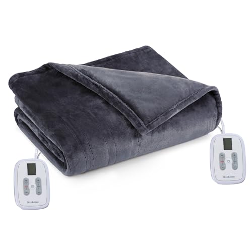 Brookstone Electric Heated Plush Blanket w/ 10 Heat Settings - Adjustable Timer, 12-Hour Auto Shut Off - Machine Washable & Dryer Safe - Polyester Velvet Blanket, King Size 100in x 90in - Gray