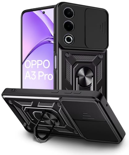 Image of WOW IMAGINE Tough Armor Bumper Mobile Back Case for Oppo A3 Pro 5G | Oppo K12x 5G | Sliding Camera Shield Cover | Shock Proof 360 Protection | Hybrid PC + TPU | Ring Holder with Kickstand - Black