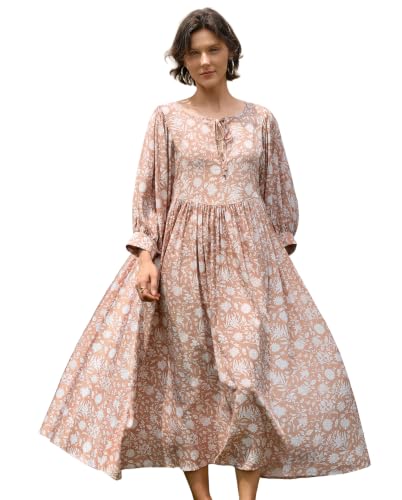 Image of Casual Summer Dresses for Women Deep V Puff Sleeve Boho Midi Floral Dress