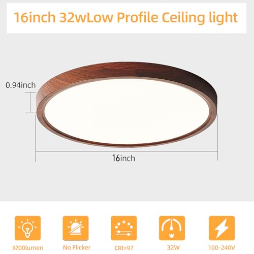 HEYAN Walnut Wood Flush Mount Ceiling Light Fixture,16 Inch Dimmable LED Ceiling Light with 3000K-4000K-6000K Selectable Flat Low Profile Round Ceiling Lights for Bedroom Hallway Laundry (1 Pack) by HEYAN - Image 2