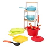 ColorBaby Play Kinder-Küchen-Set, 13-teilig, inkl. dreistufiges Regal, Töpfe mit Deckel, Pfanne, Sieb und Utensilien, Symbolspielzeug, ab 24 Monaten (39615)