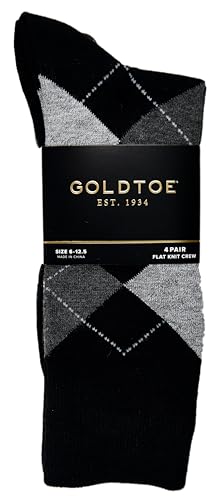 Gold Toe Men's Dress Socks, Flat Knit Crew, 6-12.5 Shoe Size, Black, 4 Pairs2